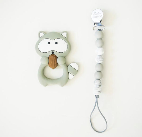 Picture of Gray Raccoon Teether with Holder - Cream