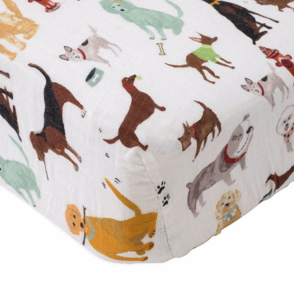 Picture of Cotton Muslin Crib Sheet - Woof by Little Unicorn