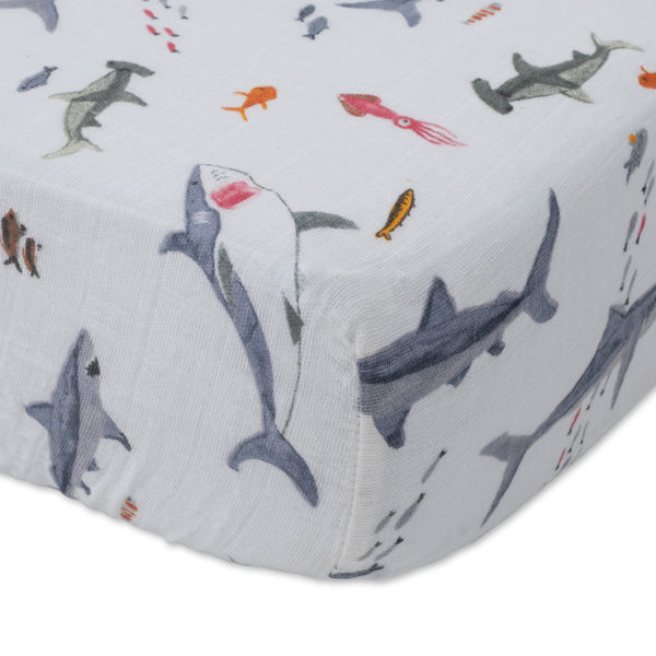 Picture of Cotton Muslin Crib Sheet - Shark by Little Unicorn