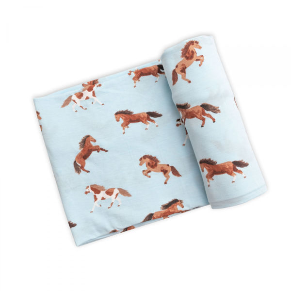 Picture of Horses on Blue Bamboo Swaddle Blanket 45" X 45"