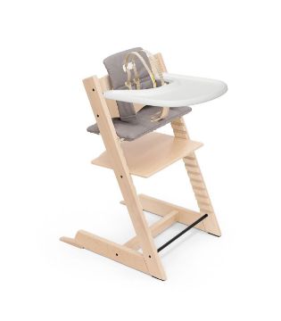 Picture of Tripp Trapp High Chair and Cushion with Stokke Tray - Natural with Gray | by Stokke