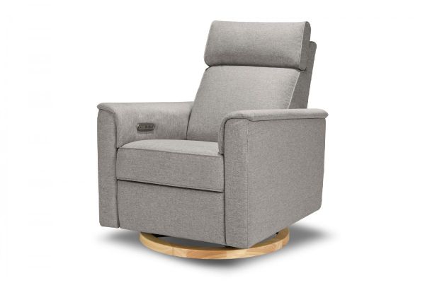 Willa Power Glider Recliner w adj. headrest USB in Performance Grey Eco Weave w Light wood base Monogram by Namesake