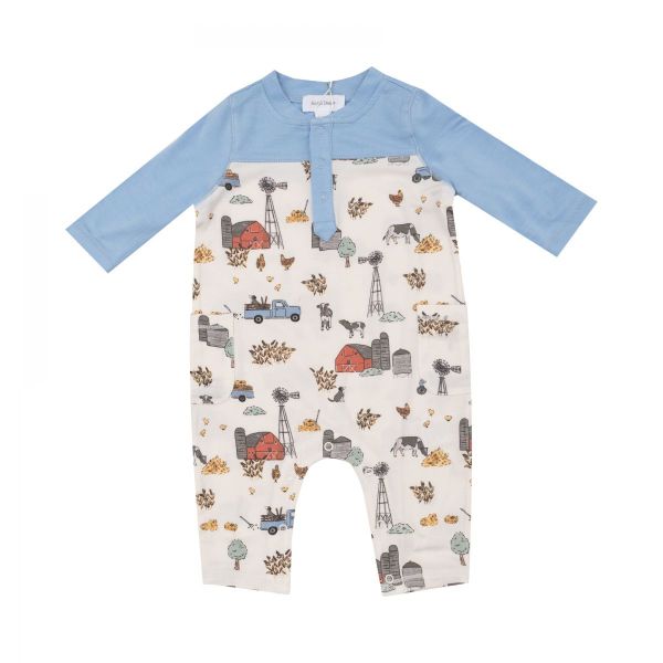 Picture of Angel Dear Contrast Sleeve Bamboo Romper - Hay Farmer Blue