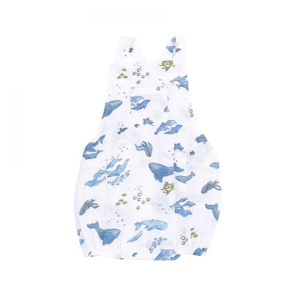 Picture of Angel Dear Watercolor Blue Whales Organic Cotton Muslin Pocket Sunsuit