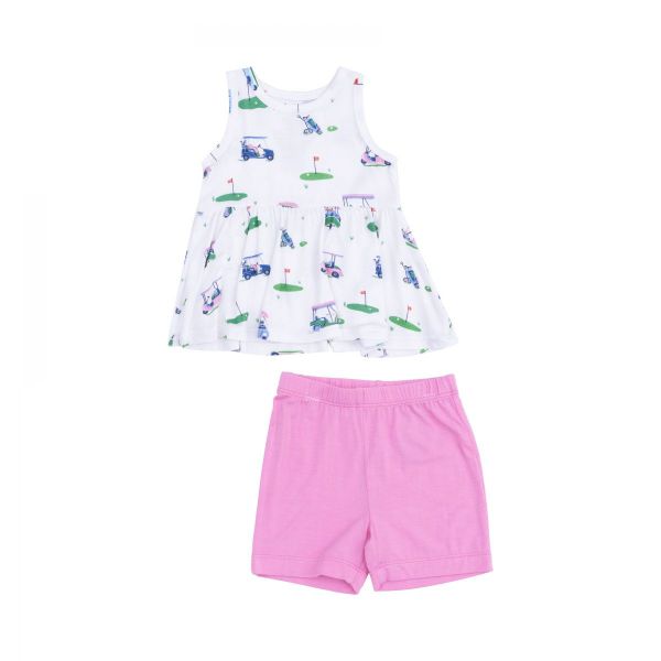 Picture of Angel Dear Vintage Golf Carts Pink Bamboo Peplum Tank Top & Short Set