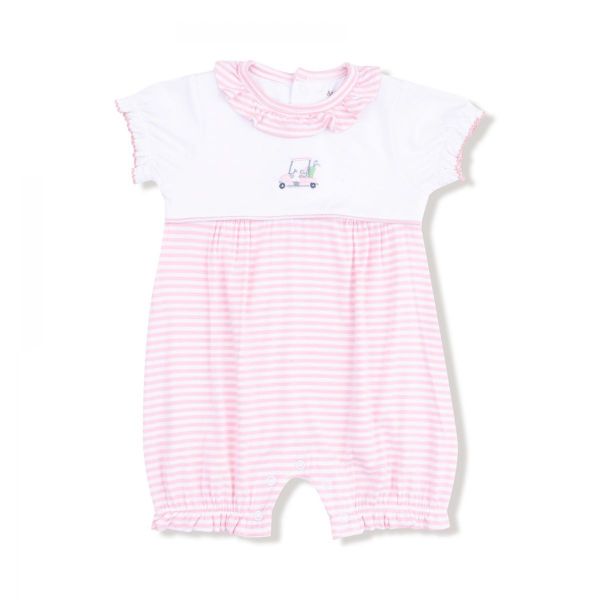 Picture of Angel Dear Baby Golf Carts Pink Ruffle Collar Romper with Piping and Picot